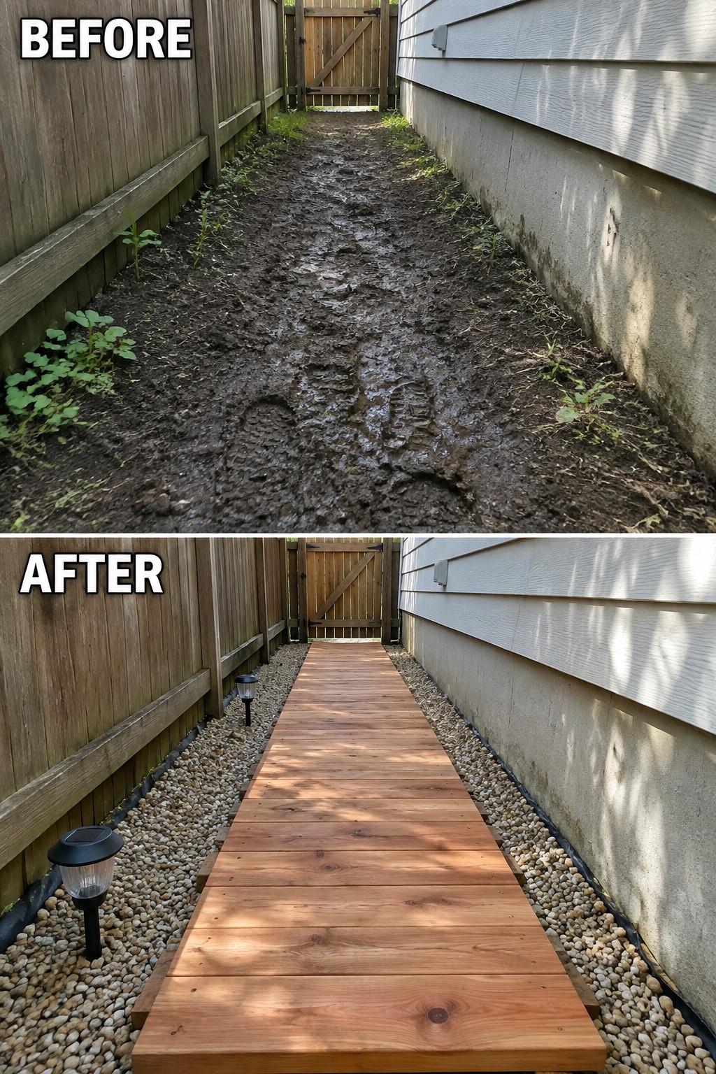 Before muddy path and after wooden walkway with gravel borders and solar lights.