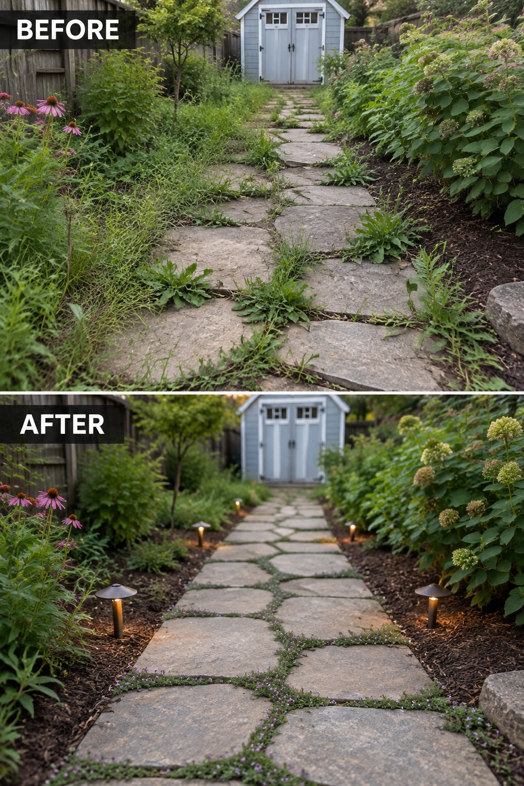 Before and after of overgrown stone path transformed with lights and flowers