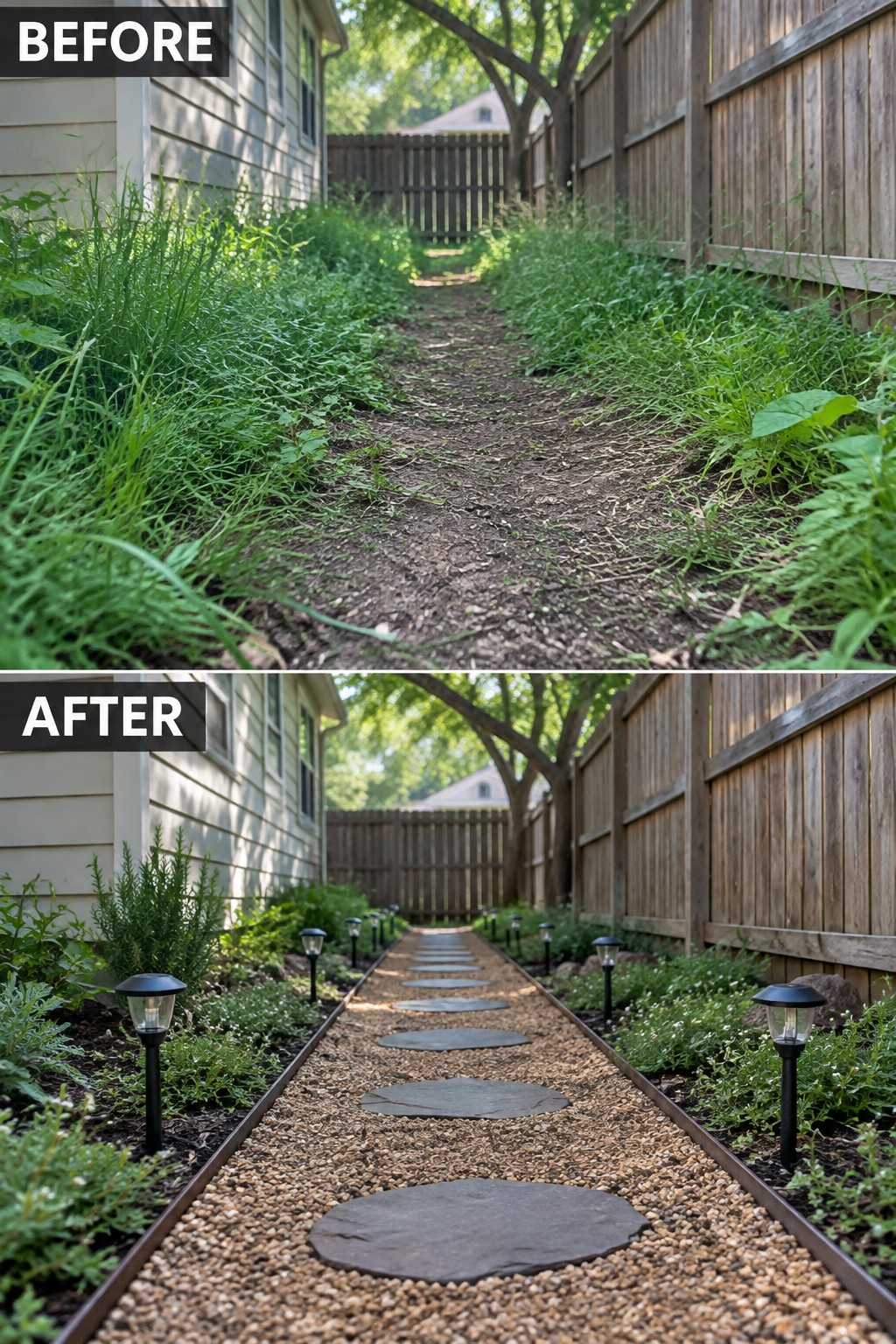 Before-and-after image of an overgrown backyard path changed into a clean gravel walkway with stepping stones and solar lights.
