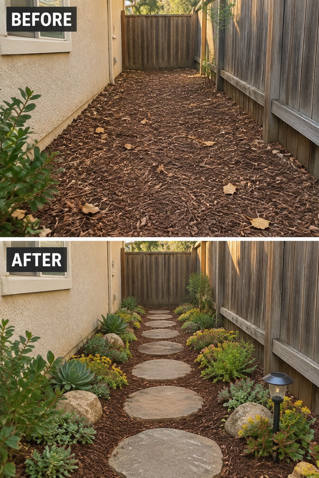 Before-and-after image of a bare mulch walkway transformed with stepping stones, border plants, rocks, and a solar light.