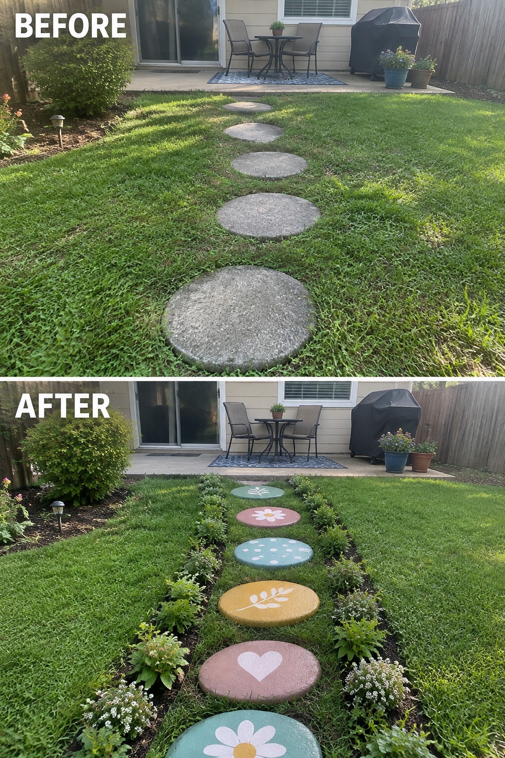 Before and after of backyard path with plain versus colorful painted stepping stones