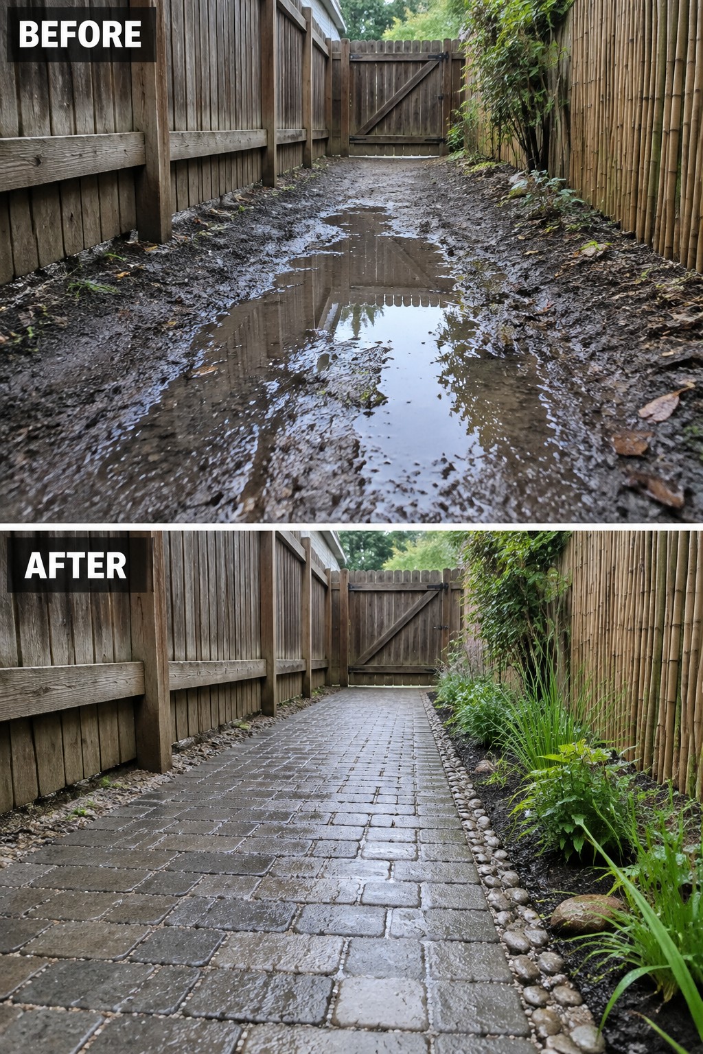 Before muddy path after brick-paved walkway with stone border and plants