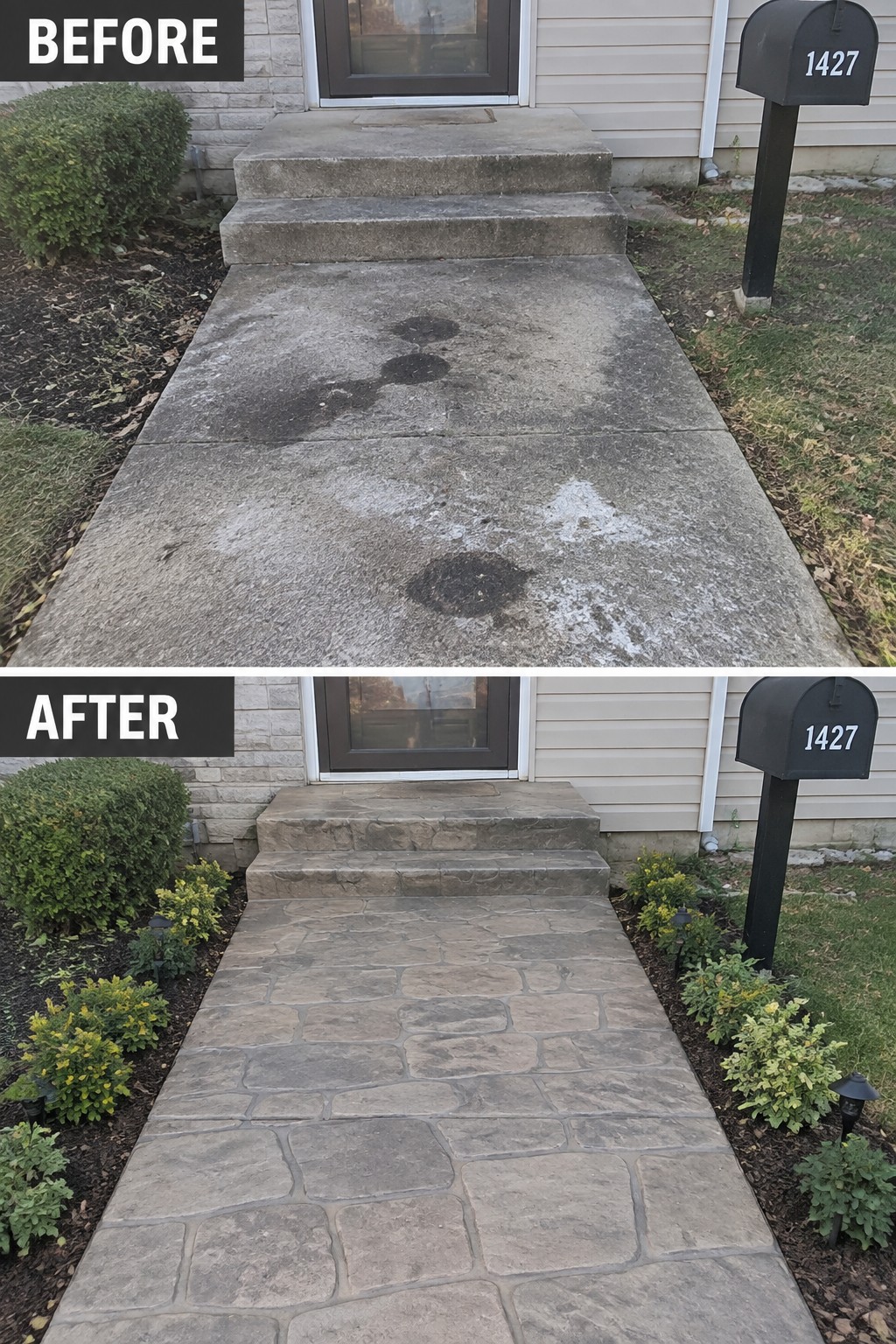 Before-and-after view of stained concrete walkway transformed into stamped stone path with added landscaping.