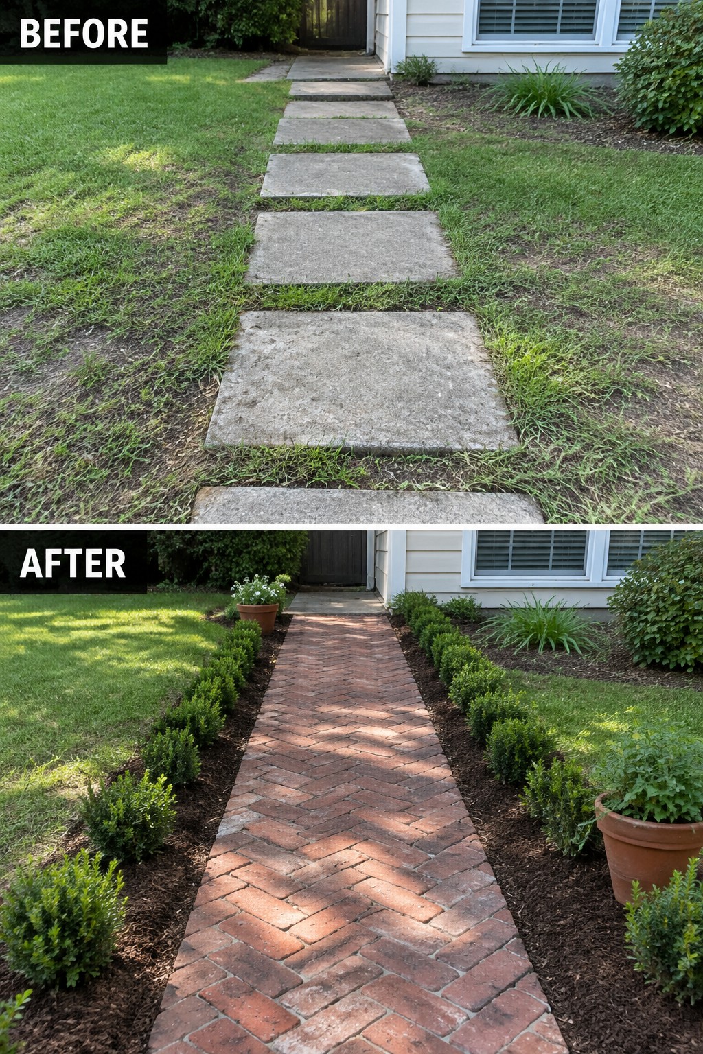 Before and after of concrete stepping stones replaced by red brick path with shrubs.