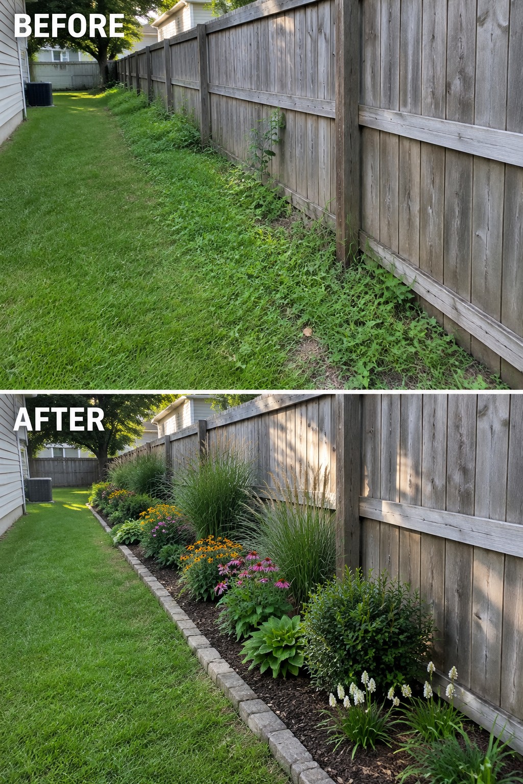Before-and-after image of an overgrown weedy strip along a wooden fence changed into a neat mulched garden bed with brick edging and mixed plants.