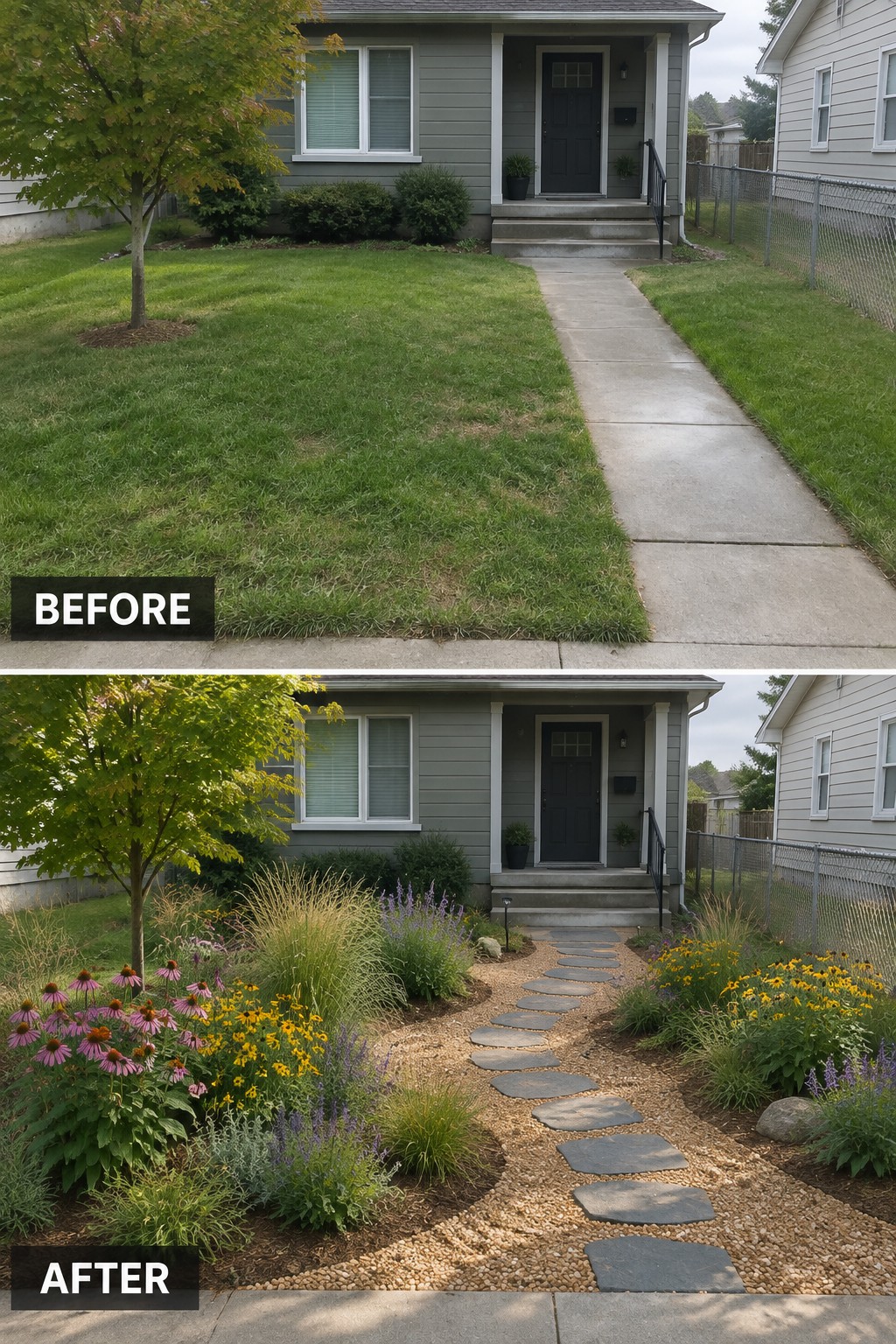 Before-and-after front yard: plain lawn replaced by colorful flowers, mulch, and stone path.