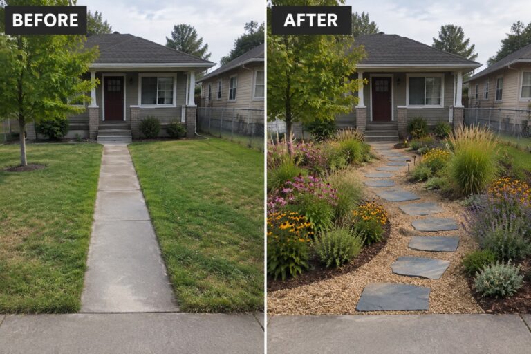 Before-and-after front yard: plain lawn replaced by colorful flowers, mulch, and stone path.