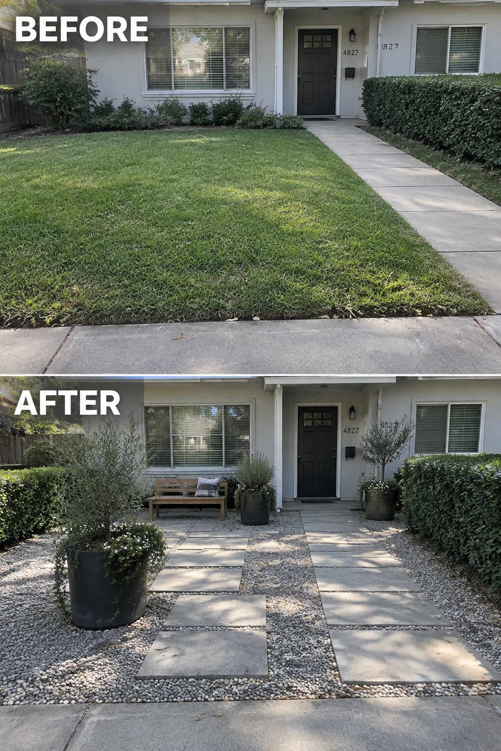 Before and after front yard: lawn replaced by gravel, pavers, potted plants and bench.
