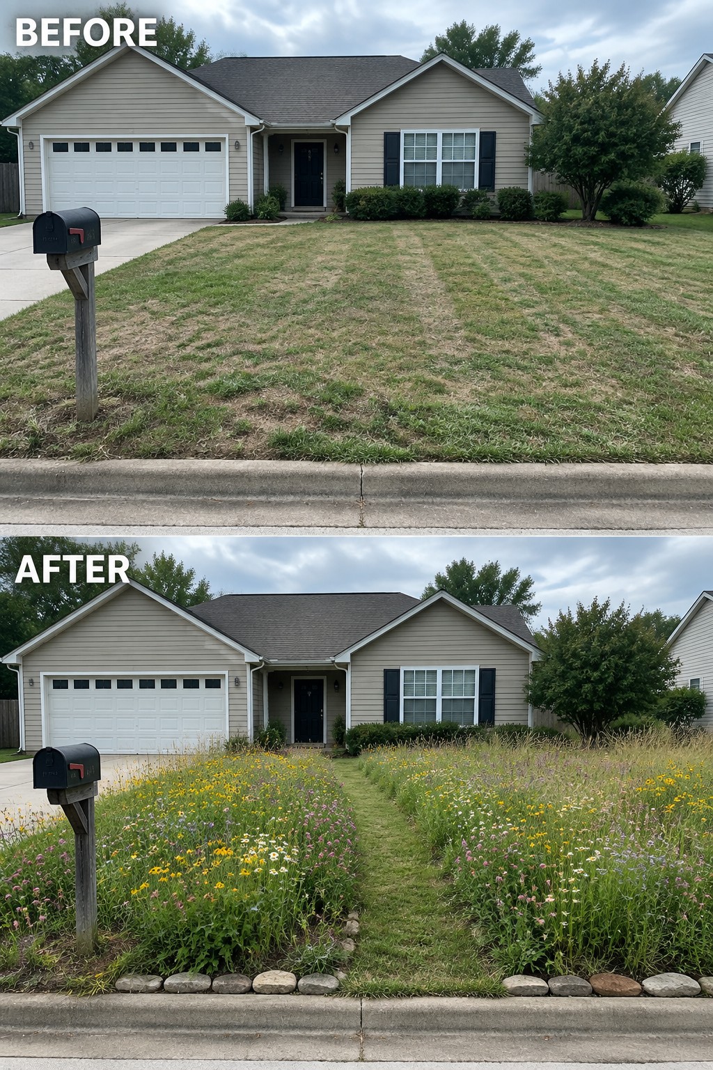 Suburban house before and after converting dry lawn to colorful wildflower meadow.