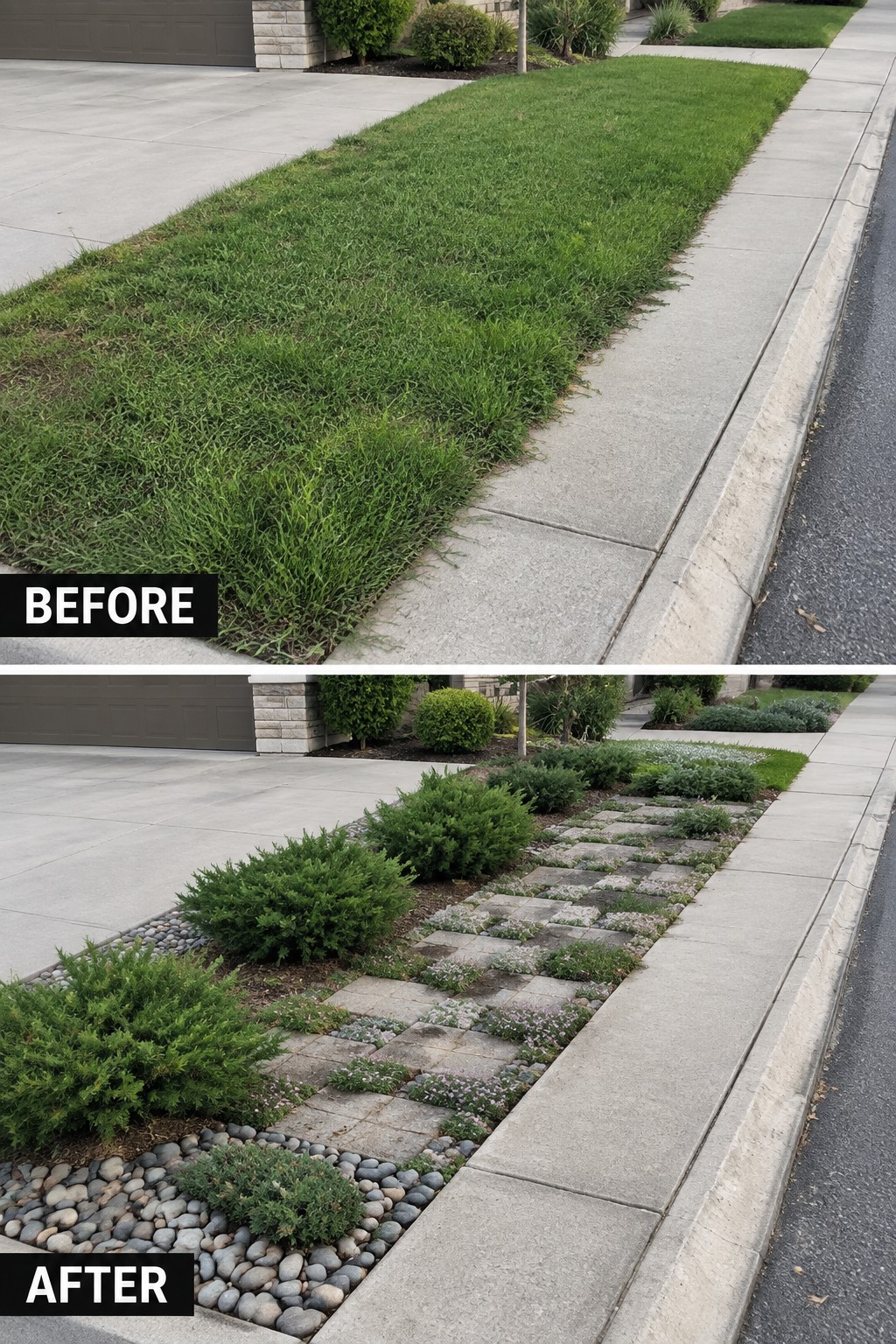 Before overgrown grass strip, after pavers with shrubs, pebbles along sidewalk.