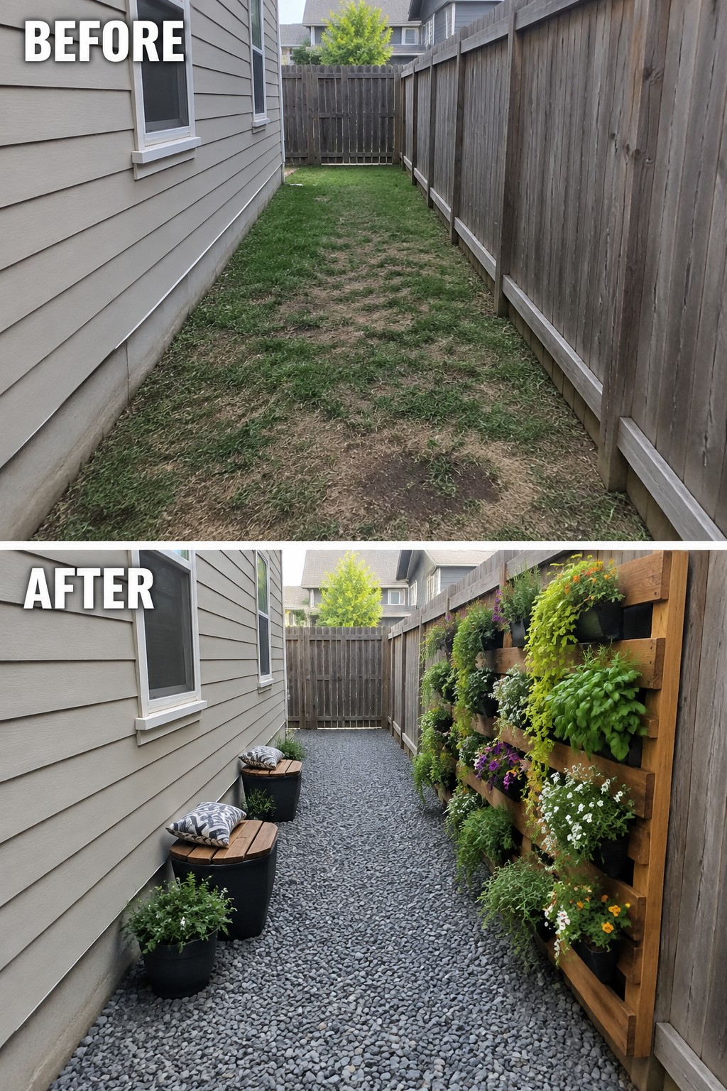 Before and after of narrow yard with overgrown grass converted to gravel path and vertical garden