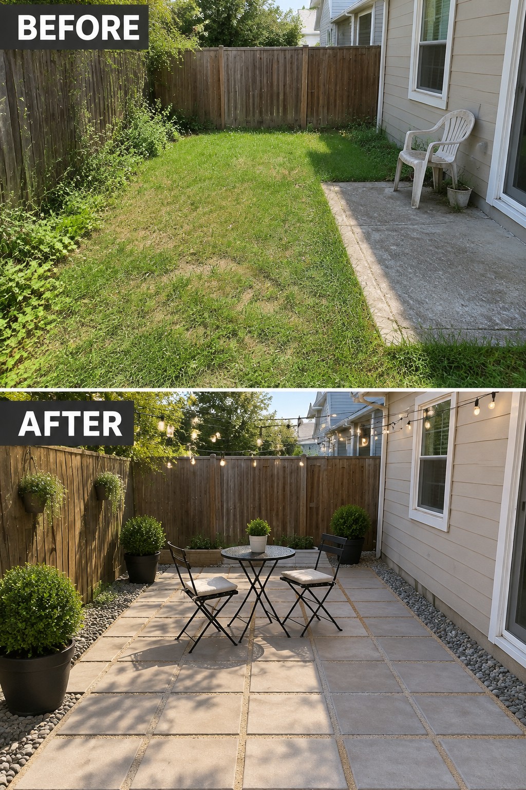 Before grassy lawn and after tiled patio with furniture, plants and string lights.