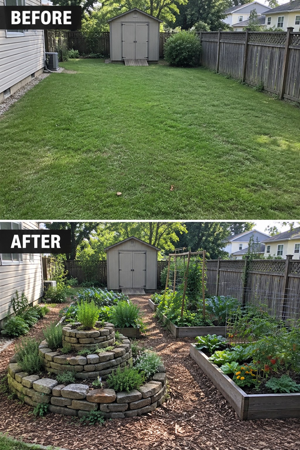 Before and after backyard makeover from lawn to raised garden beds and stone planter.
