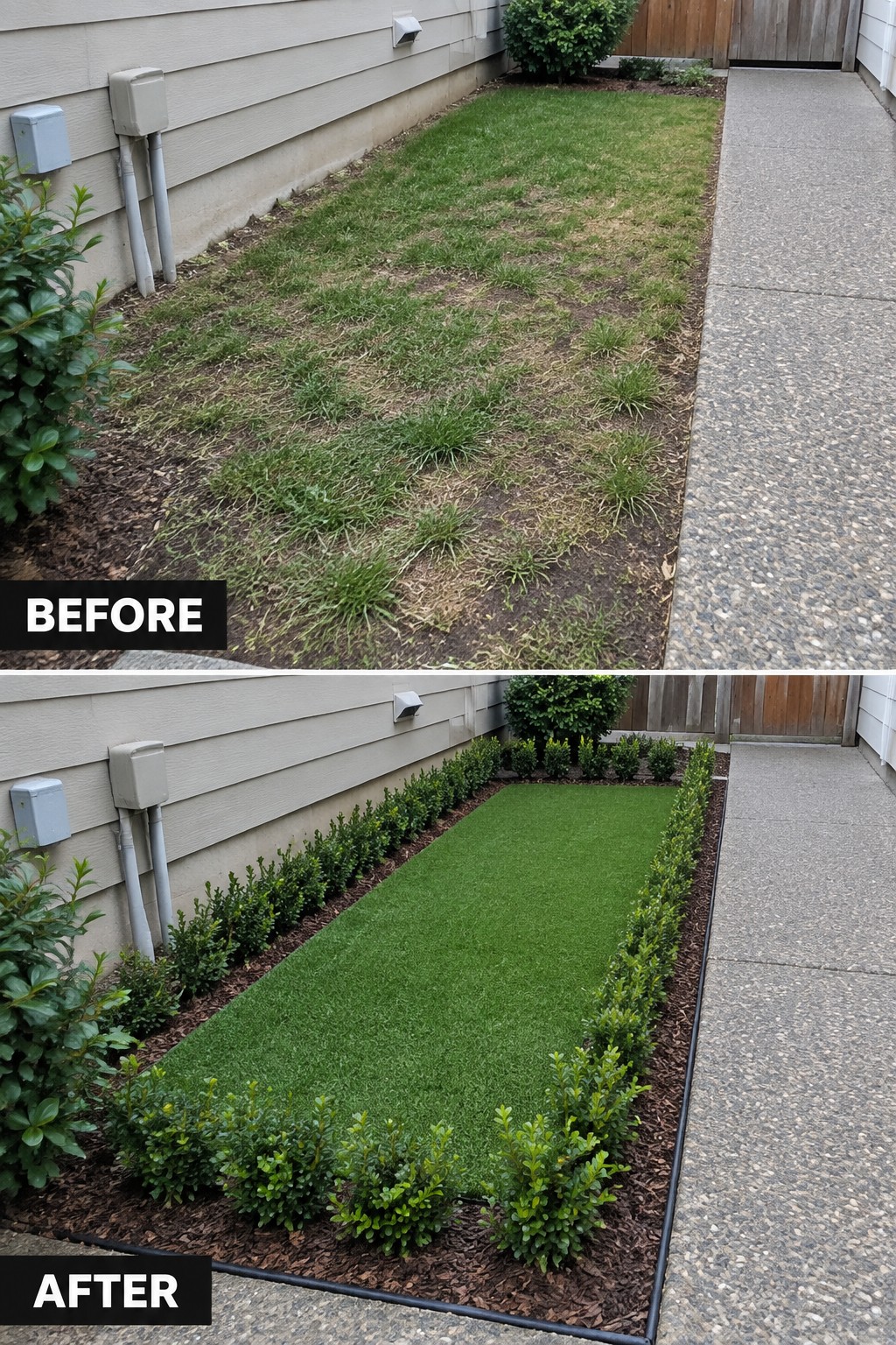 Before-and-after image of a patchy lawn strip along a house wall changed into a rectangular area of artificial turf with shrub borders and mulch edging.