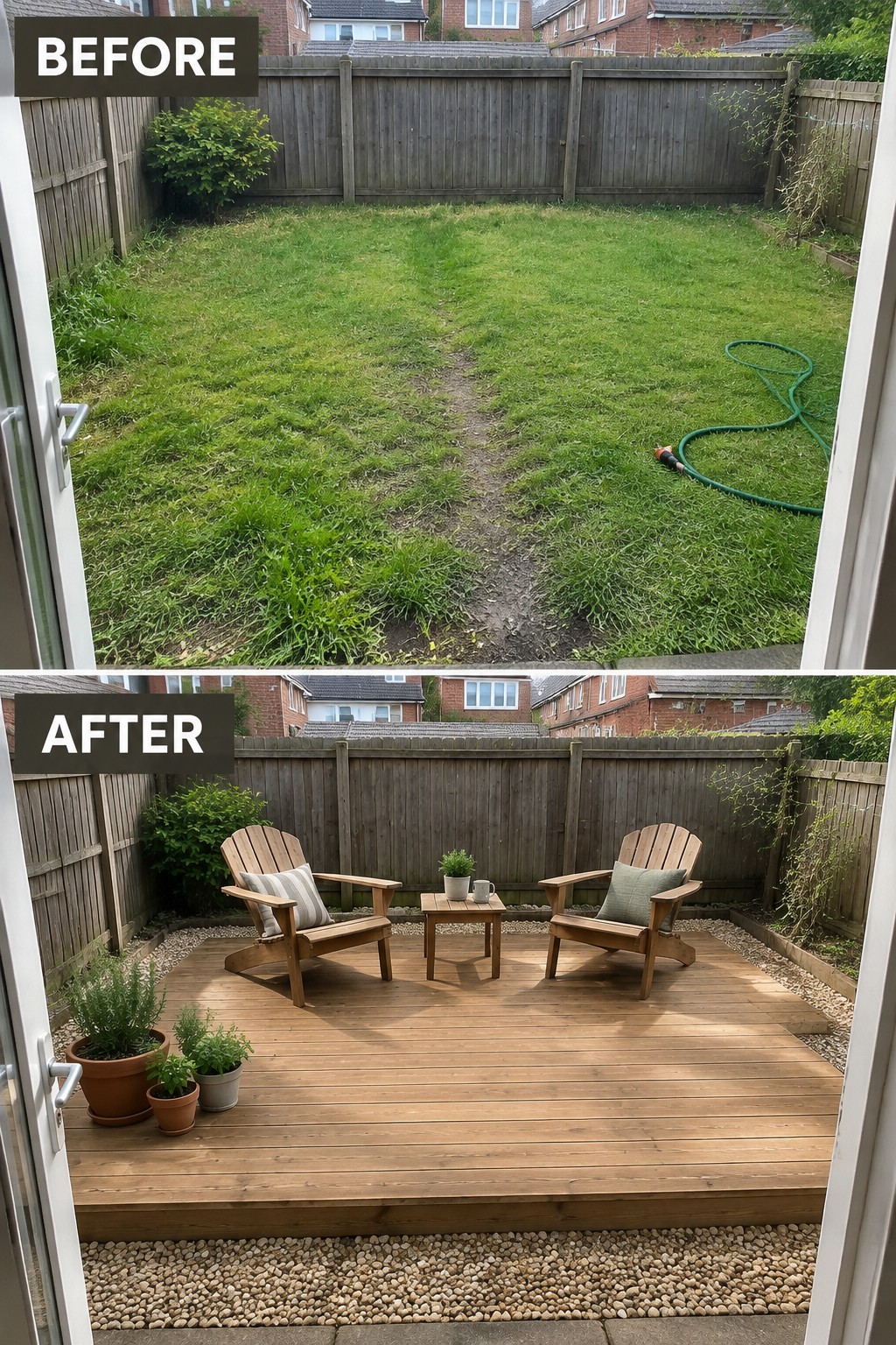 Before and after backyard: overgrown lawn transformed into deck with chairs and plants.