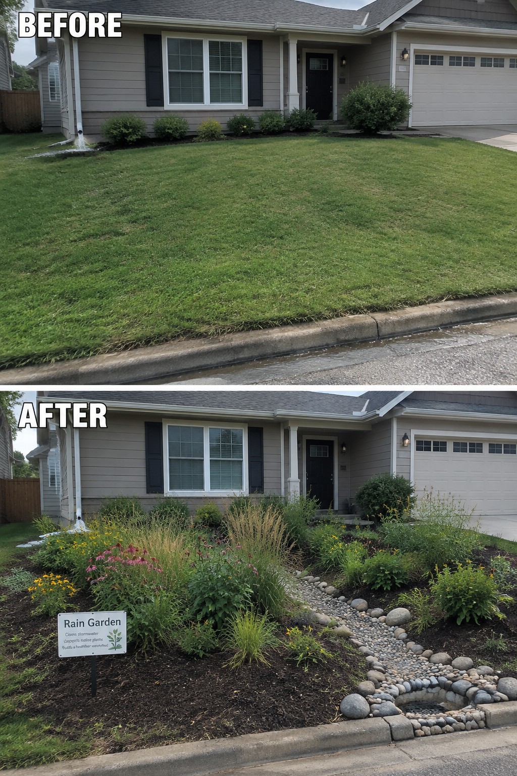 Before-and-after view of house front yard transformed into colorful rain garden with stone path.