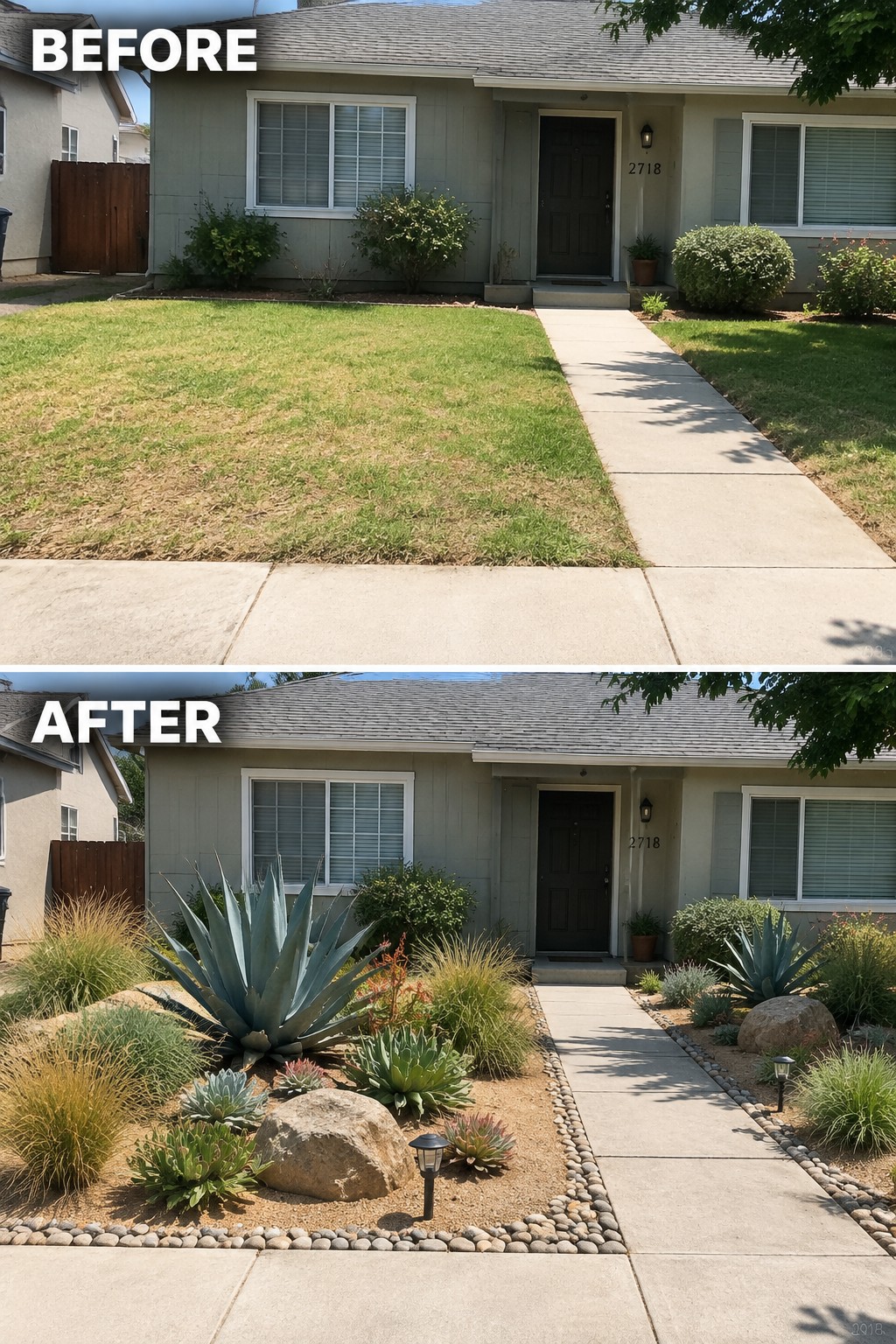 Before-and-after house front yard: dry brown lawn transformed into succulent garden with rocks and gravel.