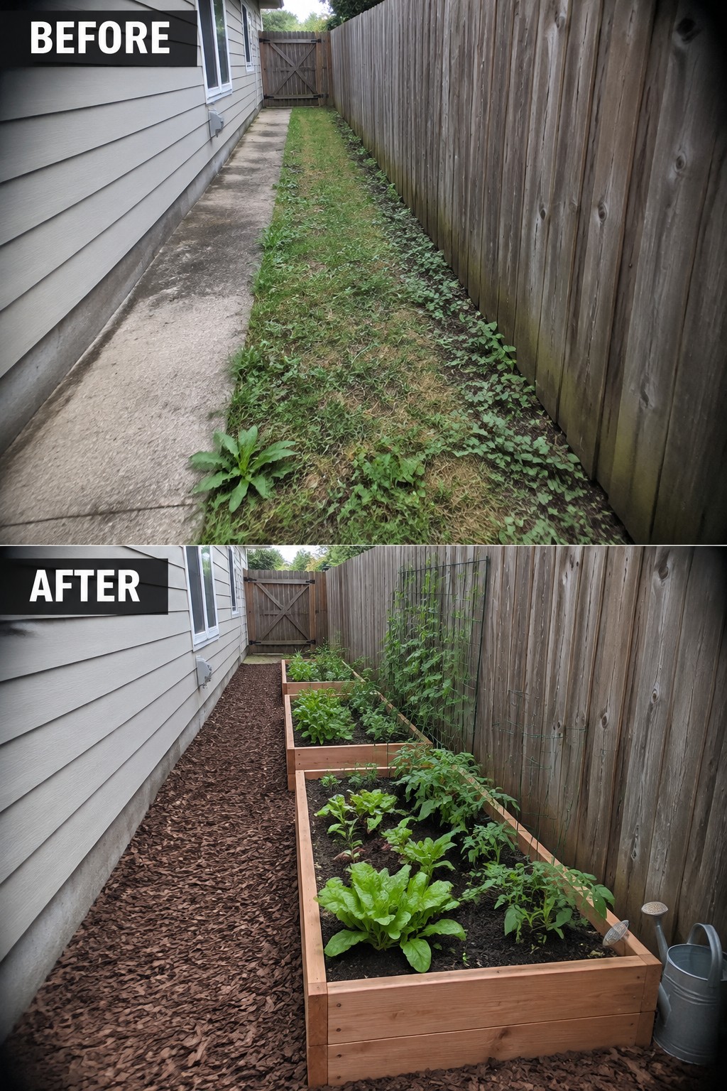 Before and after of narrow yard transformed into raised vegetable beds with mulch and trellises