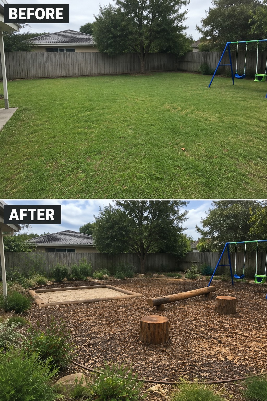 Before and after backyard with lawn converted to sandbox and mulch play area