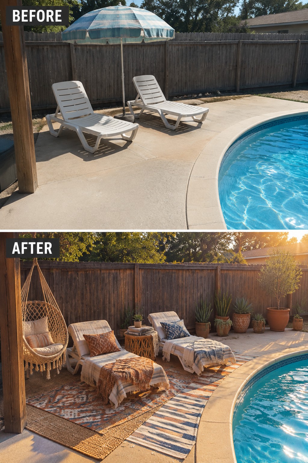 Before-and-after image of a bare poolside patio updated with layered rugs, textiles, additional seating, and potted plants.