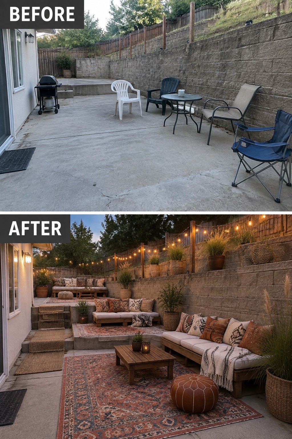Before-and-after backyard patio with string lights, rugs, wooden seating and plants