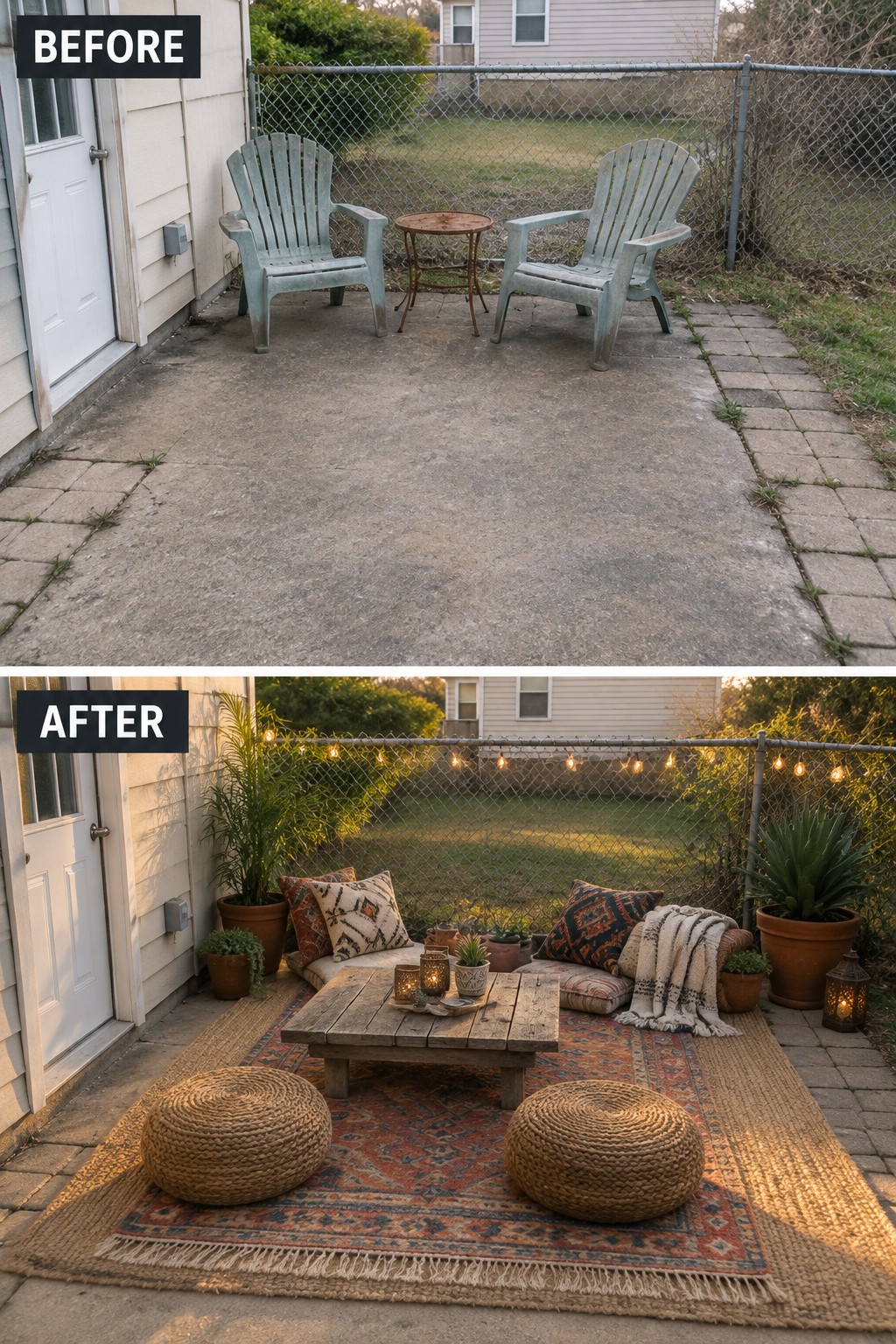 Before and after of concrete patio makeover with chairs, rug, table and string lights.