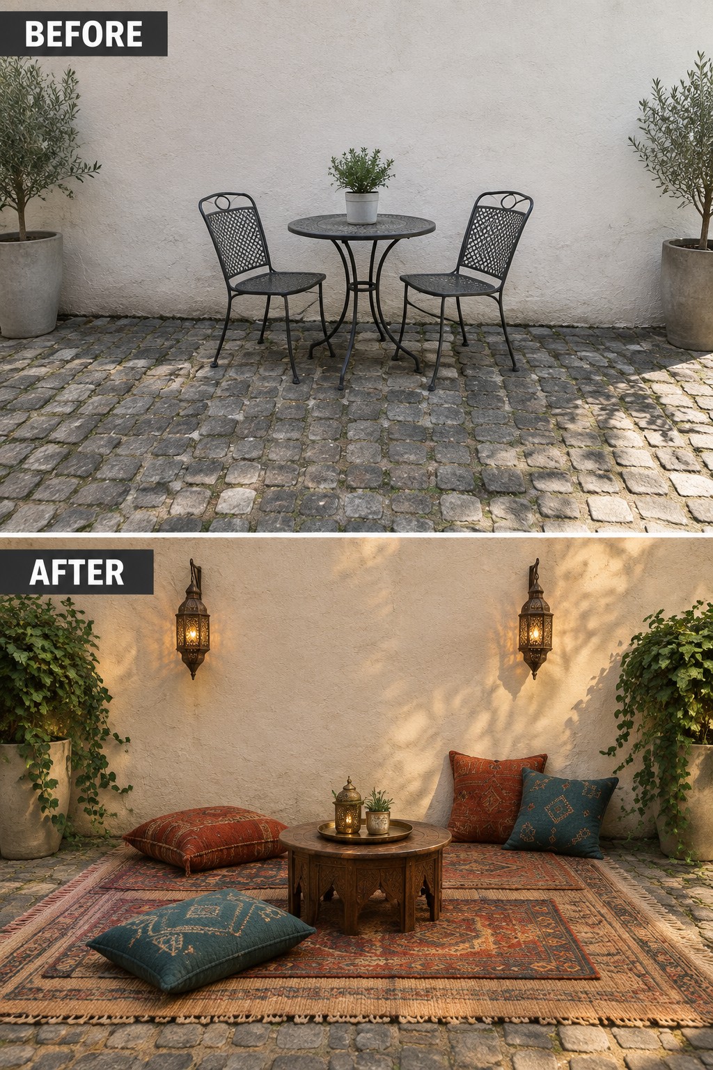 Patio before and after: metal table set transformed with rugs, cushions, and lanterns.