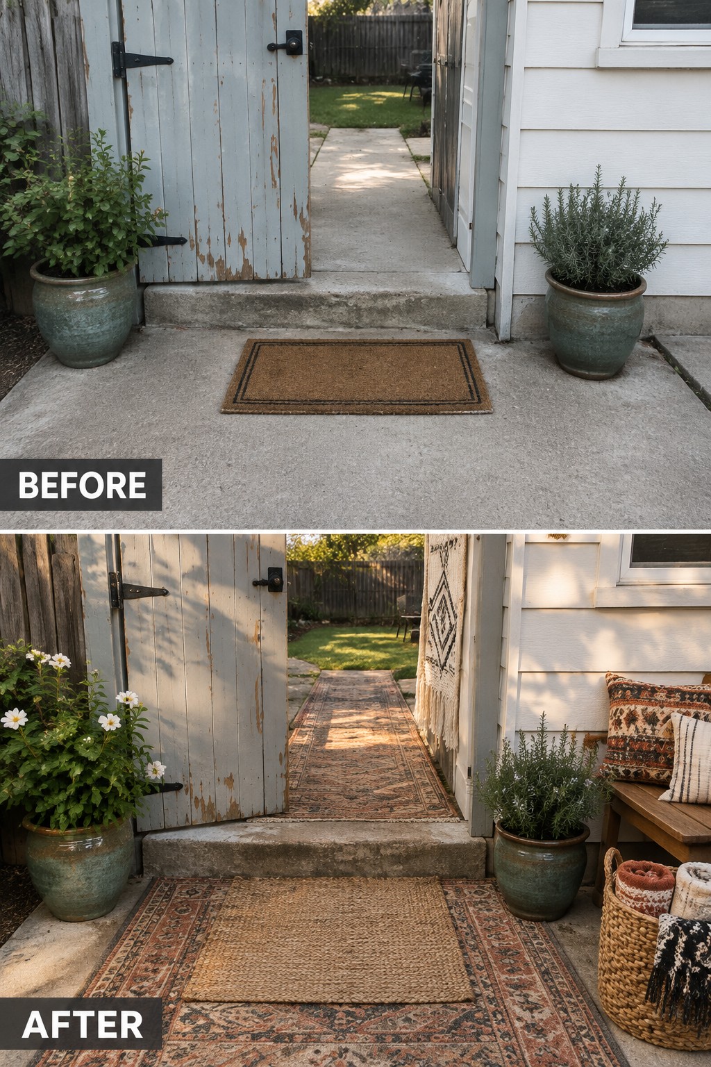 Before and after of a concrete porch entrance with potted plants, rugs, and open door.
