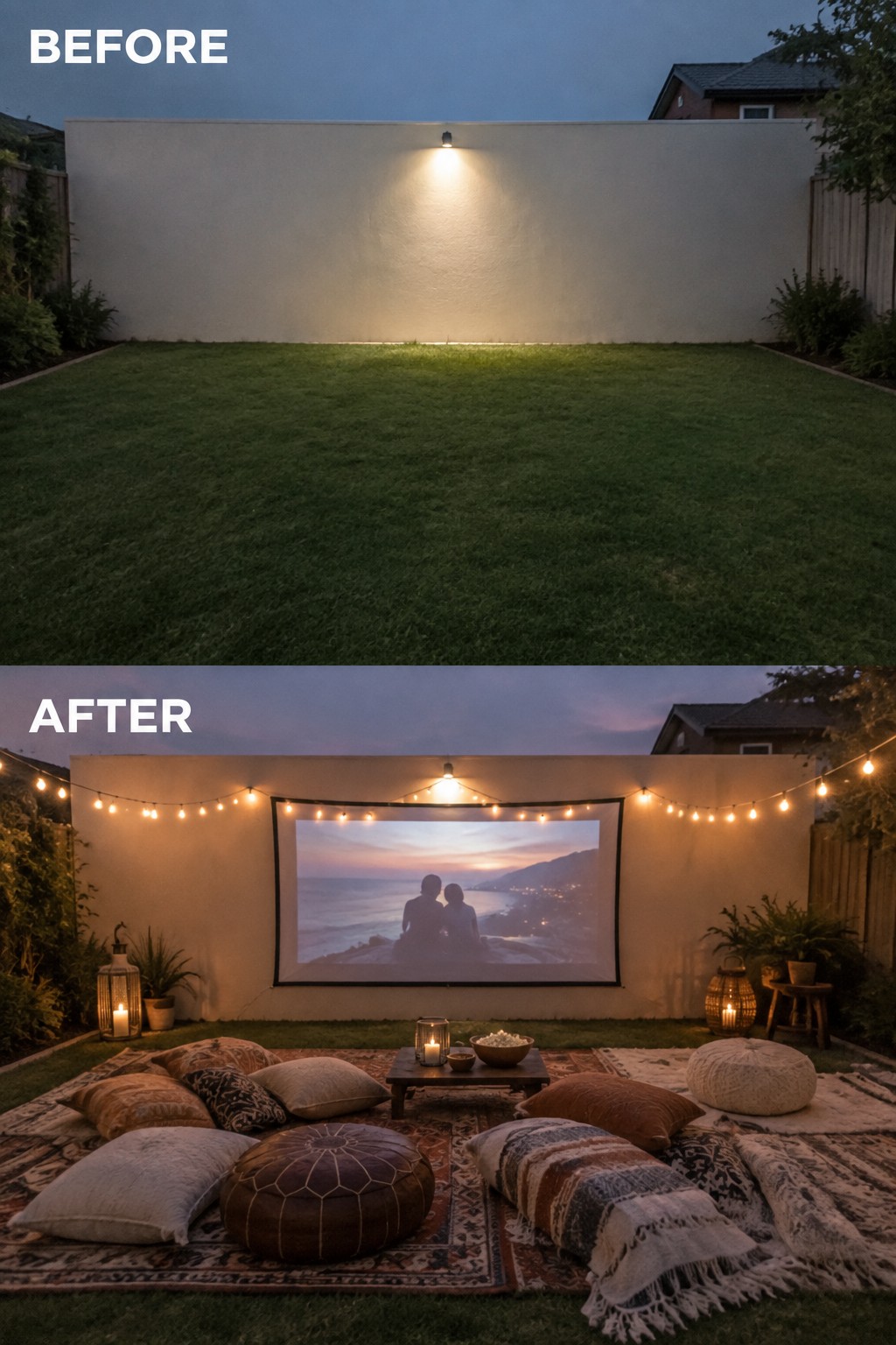 Before-and-after image of a bare backyard lawn transformed into a defined outdoor seating area with layered rugs, pillows, a low table, and string lights.