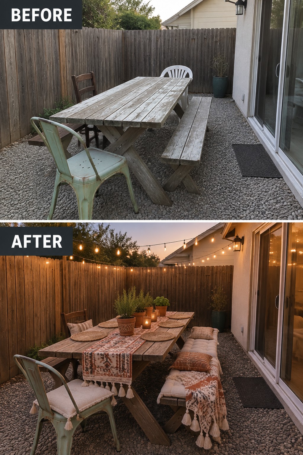 Before and after of backyard wooden table with string lights, cushions, and decor.