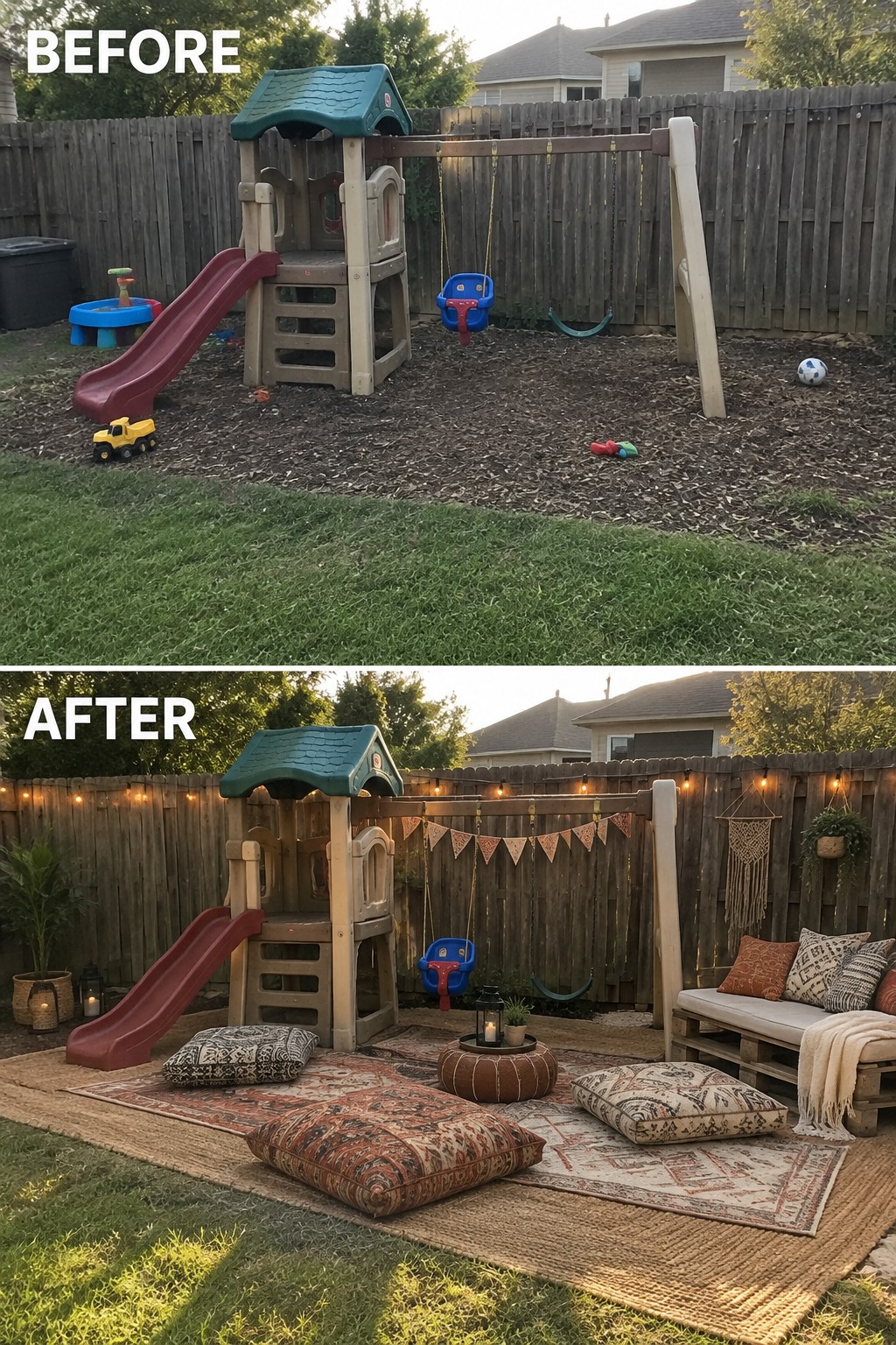 Before and after backyard playset transformed into boho lounge with rugs, pillows, lights.