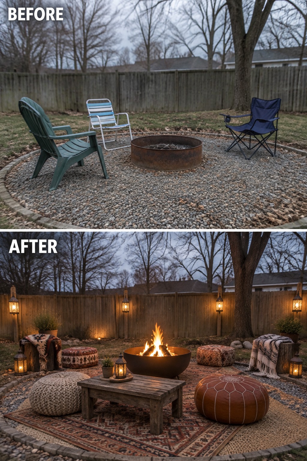 Before and after backyard fire pit with chairs, rugs, lanterns and seating