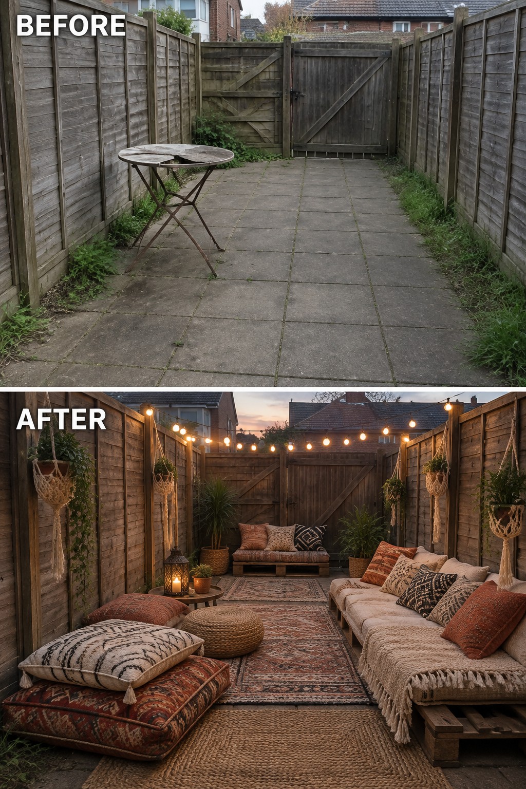 Before and after of a bare patio transformed into a cozy bohemian lounge with lights and cushions.