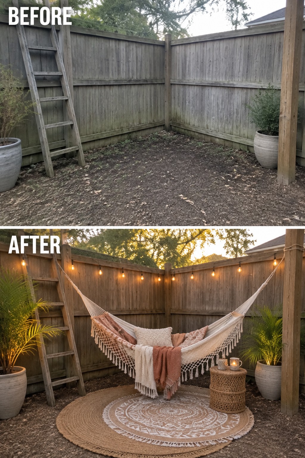 Before-and-after backyard transformation with hammock, string lights, rug, and pillows