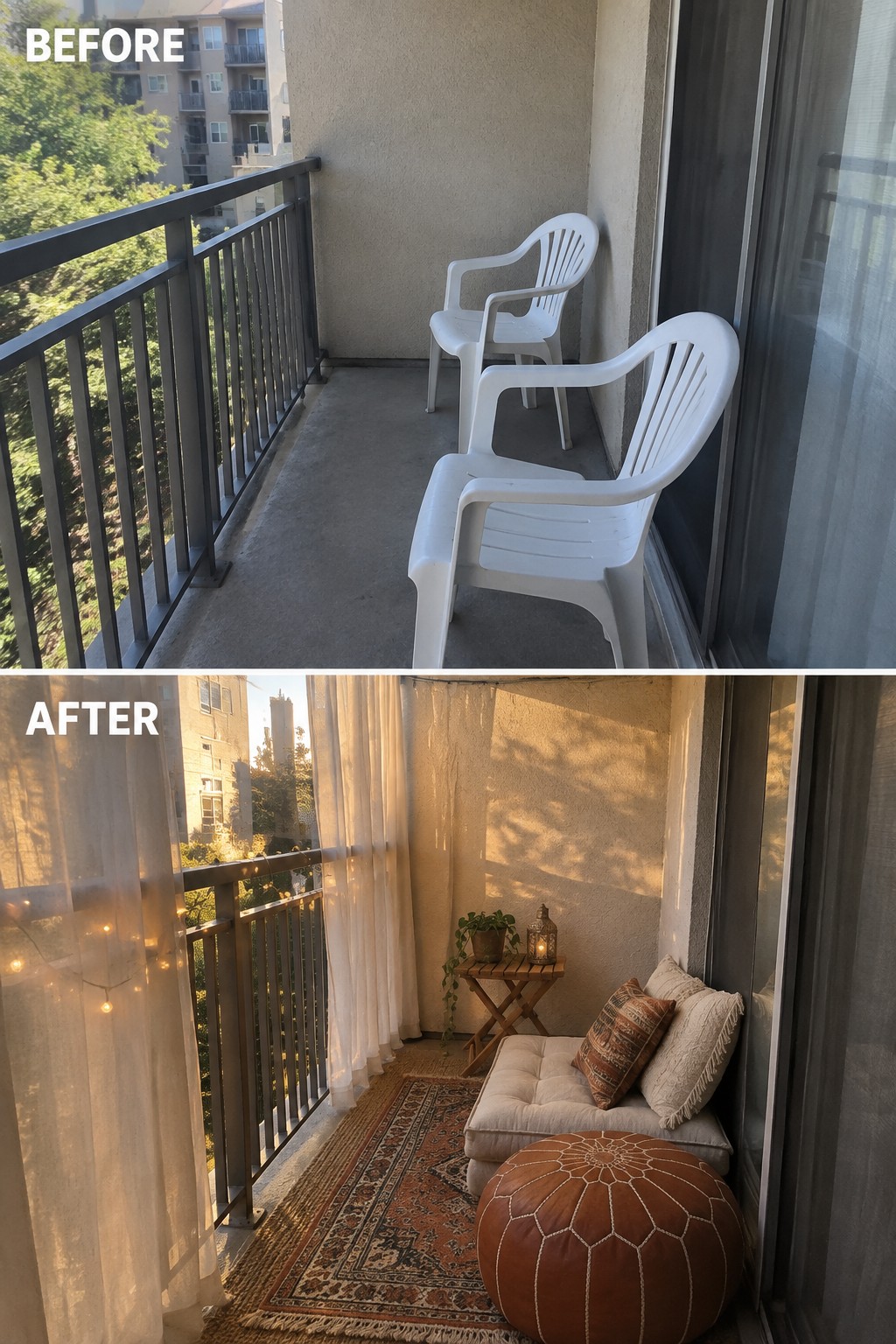 Before-and-after image of a plain balcony with two white plastic chairs changed into a seating area with a rug, floor cushion, pillows, and string lights.