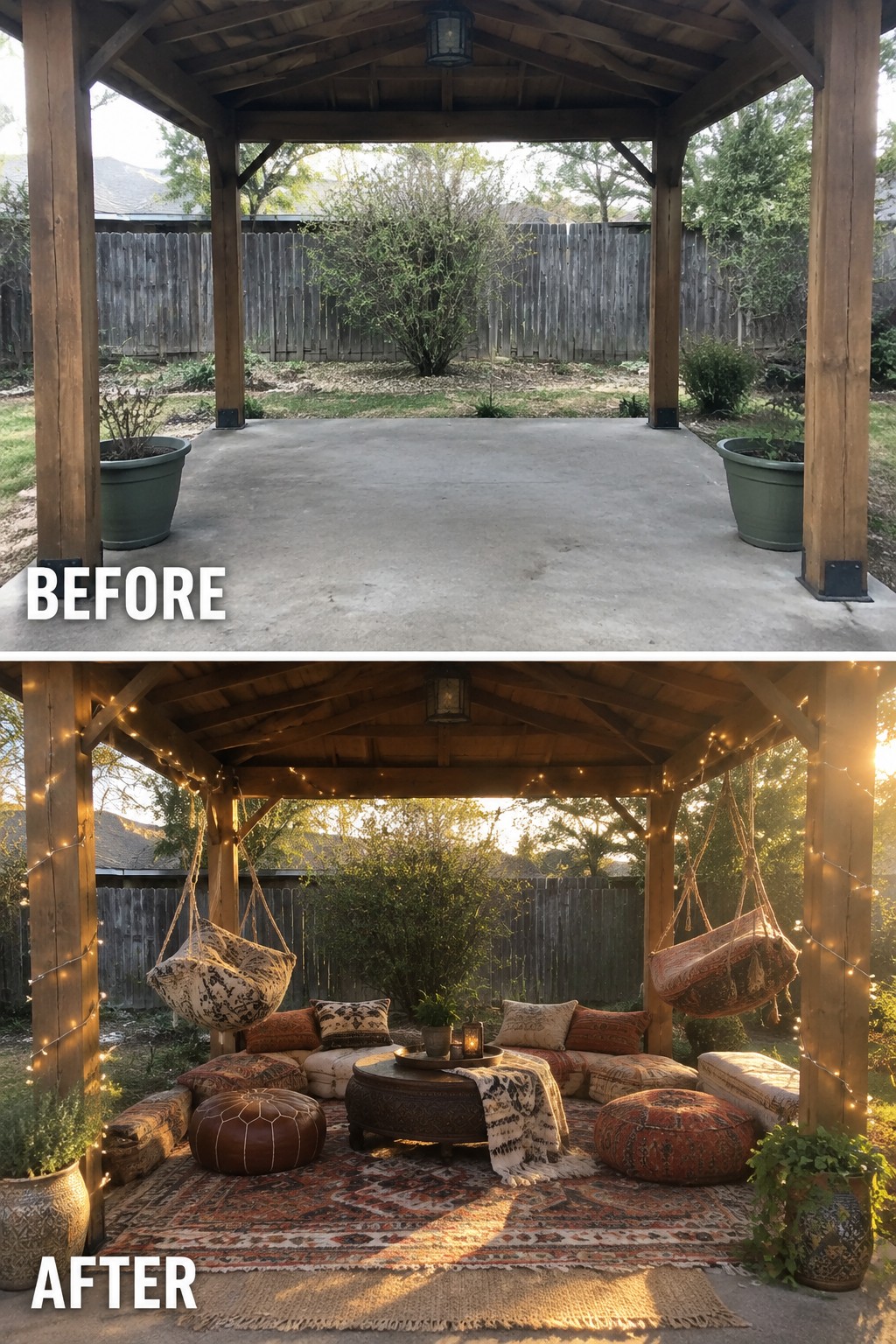 Before empty patio and after with hanging chairs, rugs, pillows, and string lights.