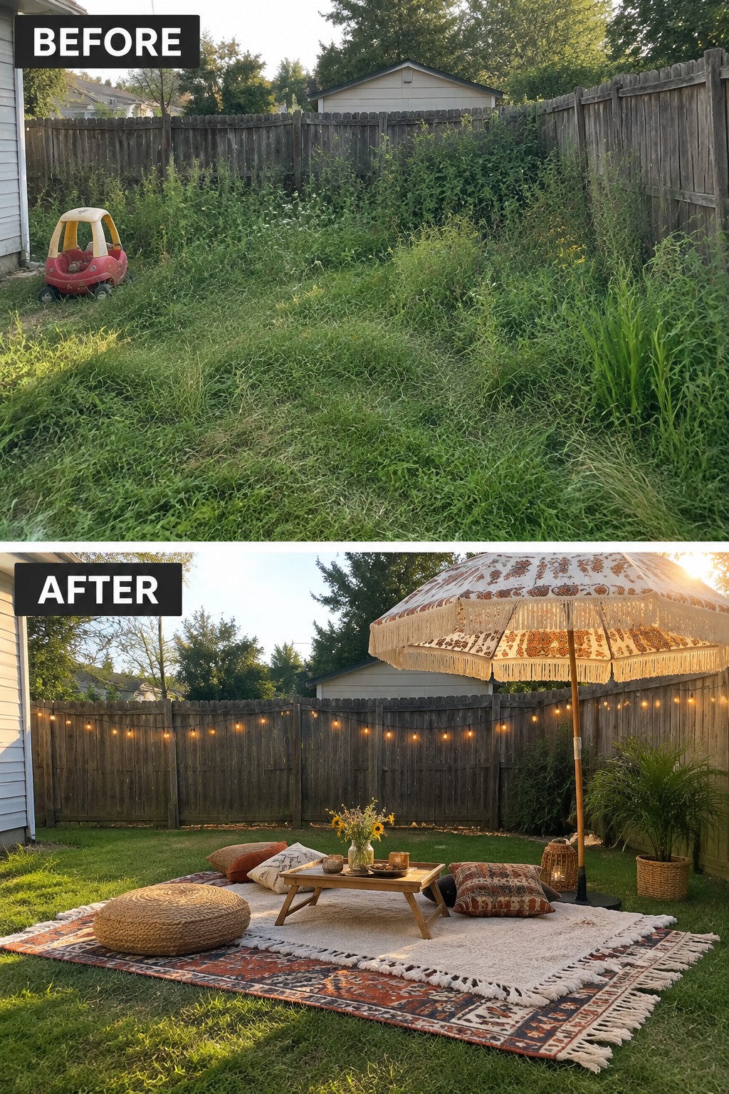 Before overgrown yard with toy car and after boho lounge with rug umbrella and string lights