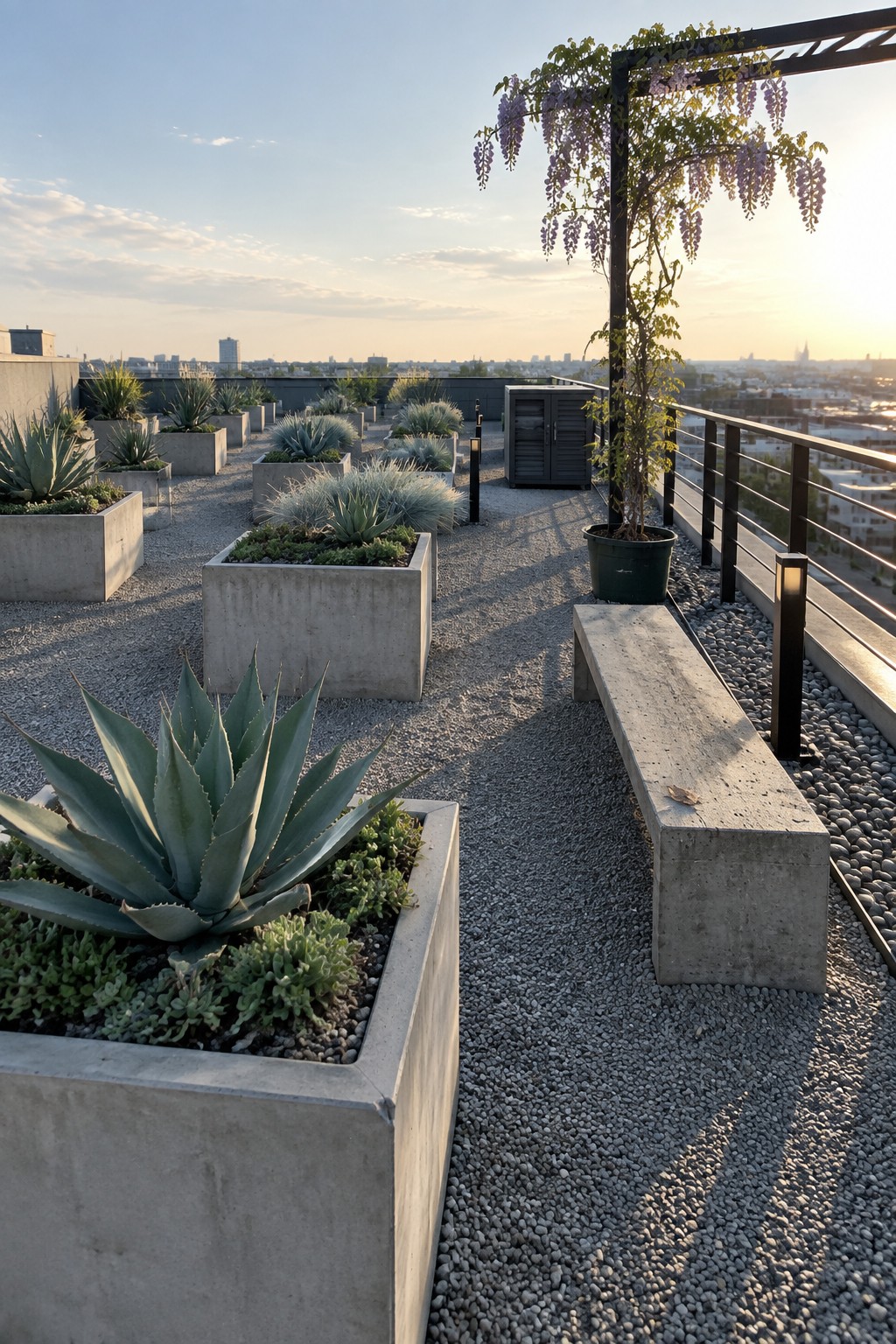 Rooftop garden with concrete planters of agave plants, bench, wisteria pergola, and city skyline at sunset