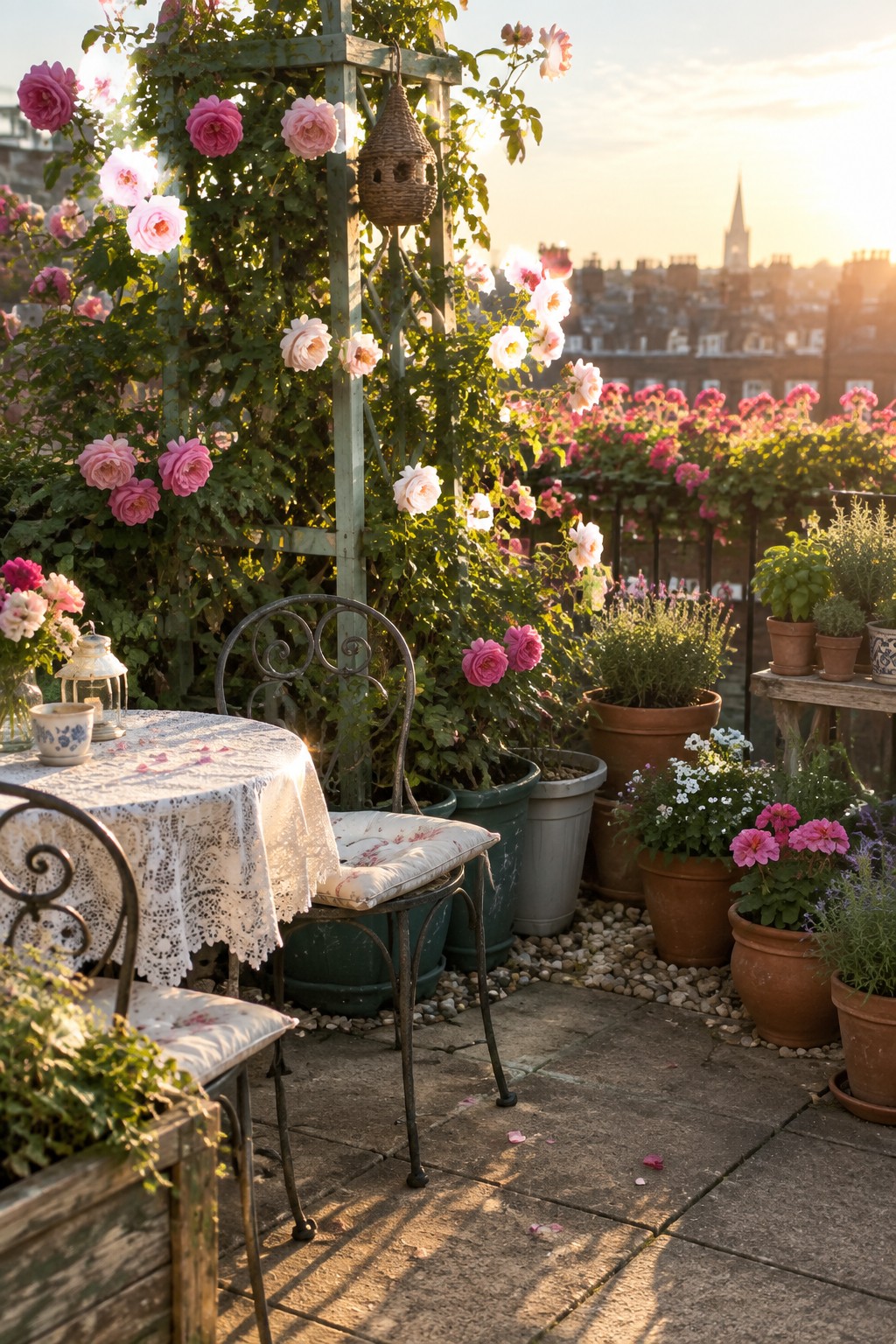 A rooftop terrace furnished with a small table and chairs, surrounded by many potted plants and climbing roses on a trellis.