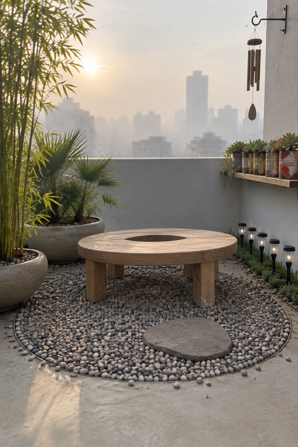 A low wooden table rests on a circular pebble area on a rooftop terrace, with potted plants and a row of succulents in metal cans along the wall.