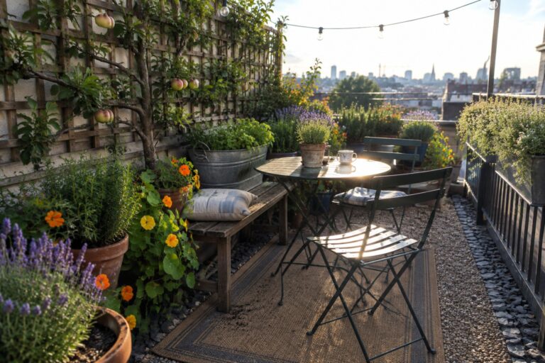 16 Budget-Friendly Roof Garden Ideas Using Affordable Container Planters A rooftop terrace filled with potted plants and flowers arranged on a wooden bench and around a small round table with chairs, overlooking a city view.