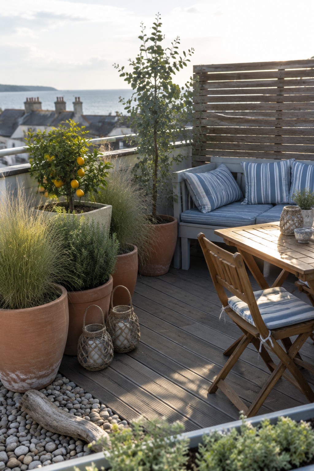 A wooden deck terrace with a dining table, folding chairs, a cushioned bench, and many terracotta container planters holding trees, grasses, and shrubs, plus woven lanterns on the floor.