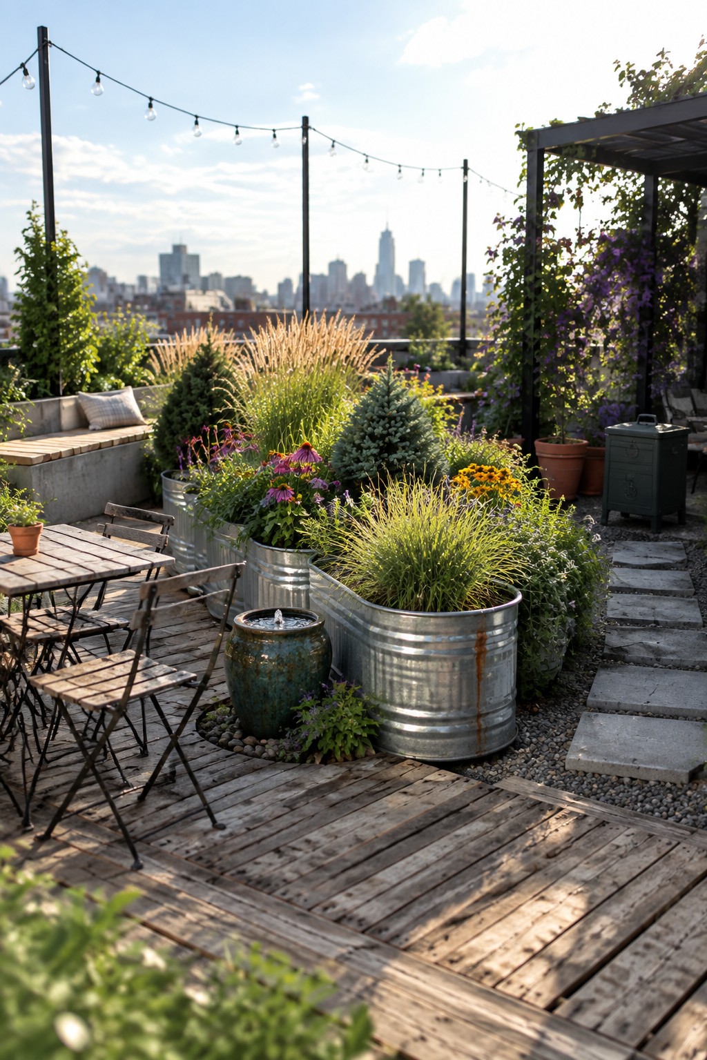 Rooftop garden scene with wooden decking, several large galvanized metal trough planters holding grasses and flowers, a small fountain, and a city skyline visible beyond.