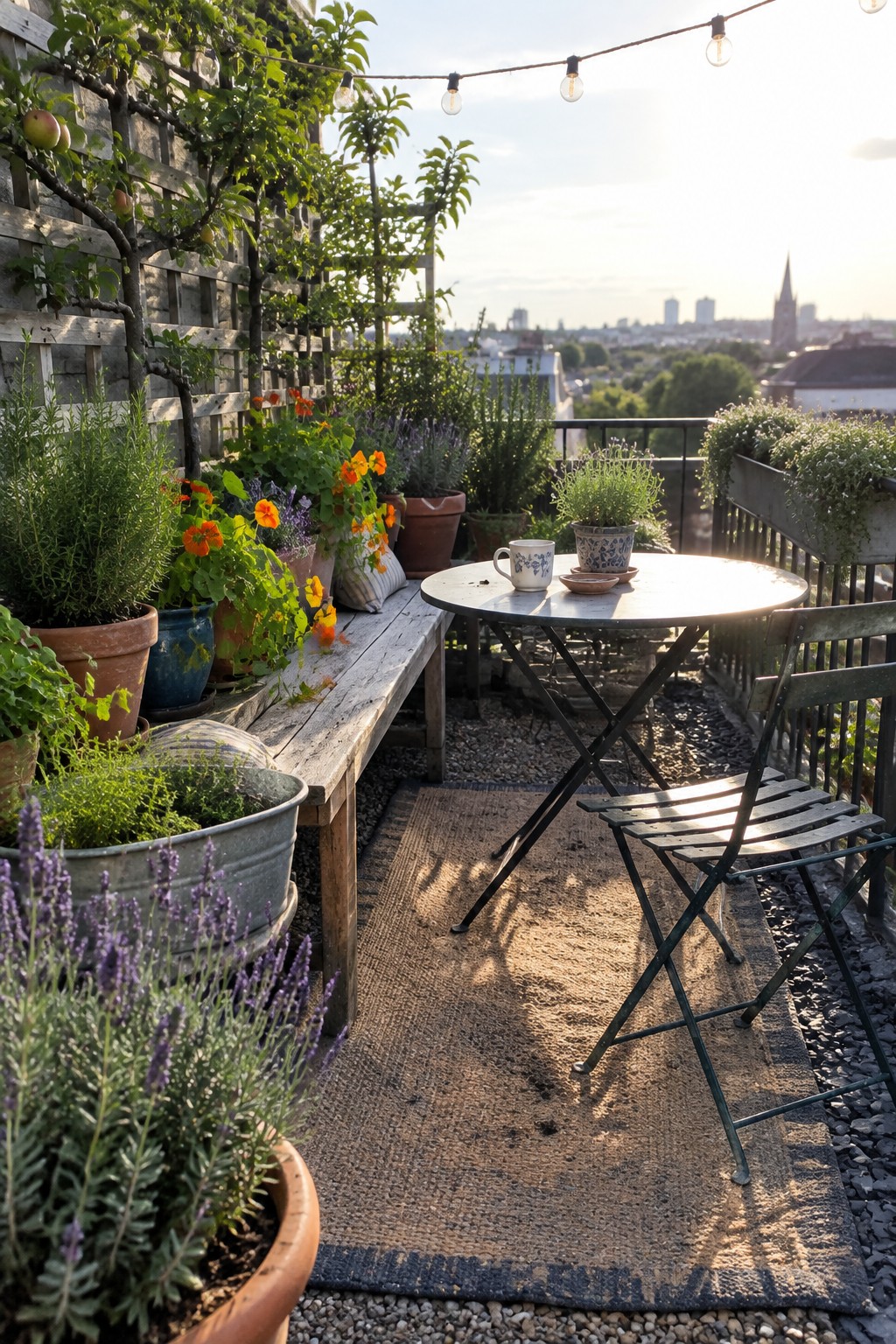 A rooftop terrace filled with potted plants and flowers arranged on a wooden bench and around a small round table with chairs, overlooking a city view.