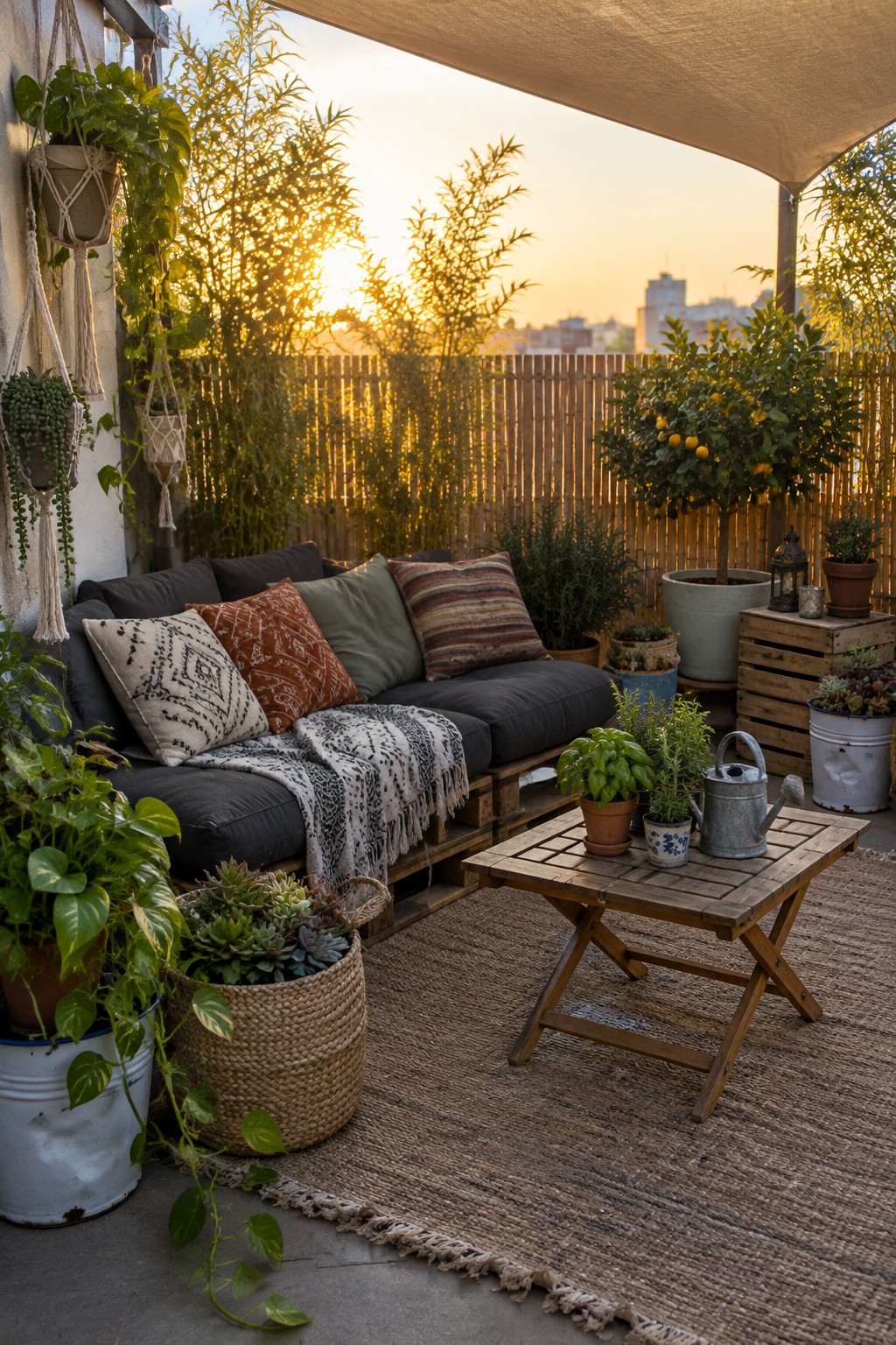 A rooftop patio at sunset with a pallet sofa, wooden table, and many plants growing in assorted pots, buckets, and baskets.