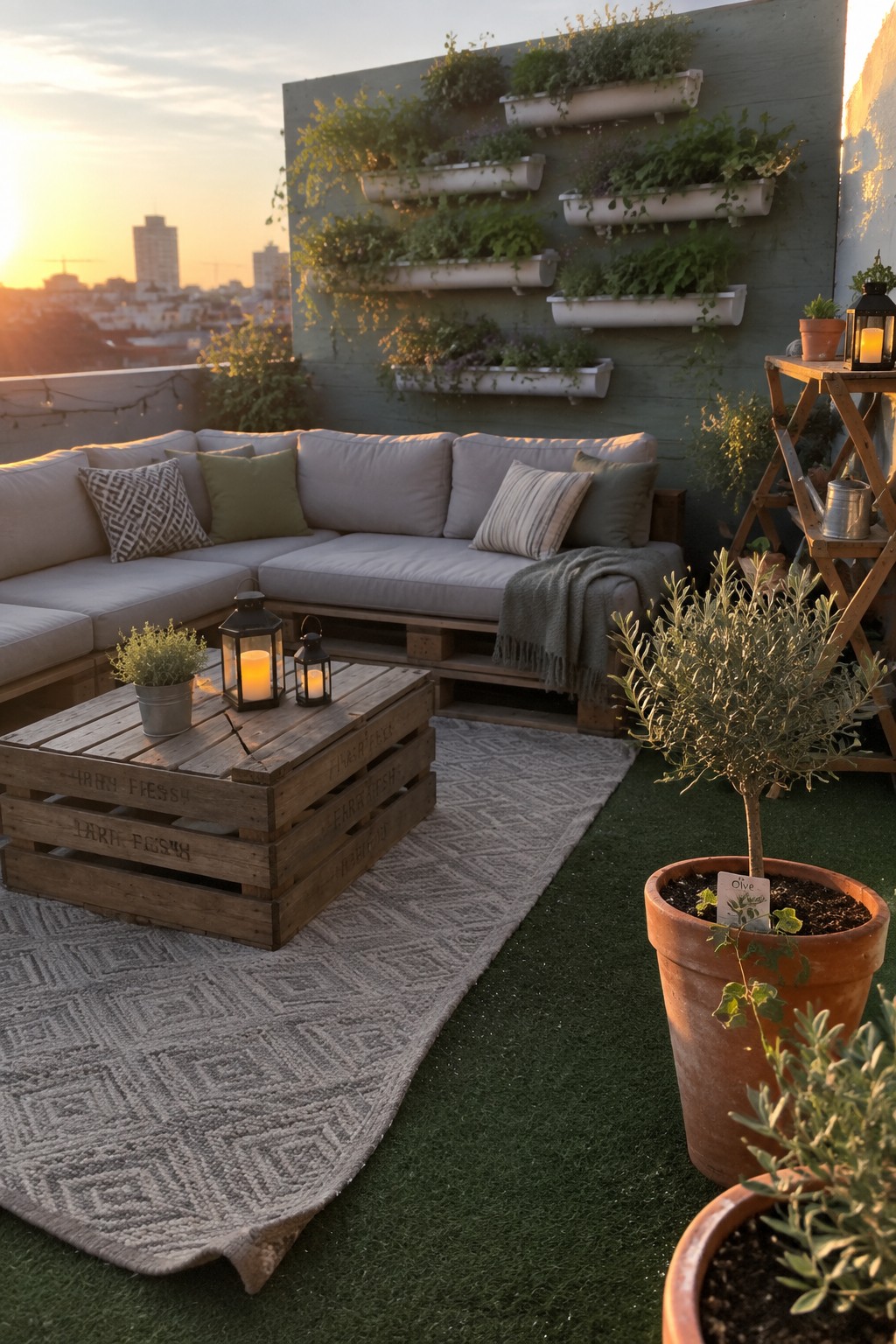 Rooftop terrace with pallet sofa, wooden crate table, and rows of white container planters mounted on a green wall.