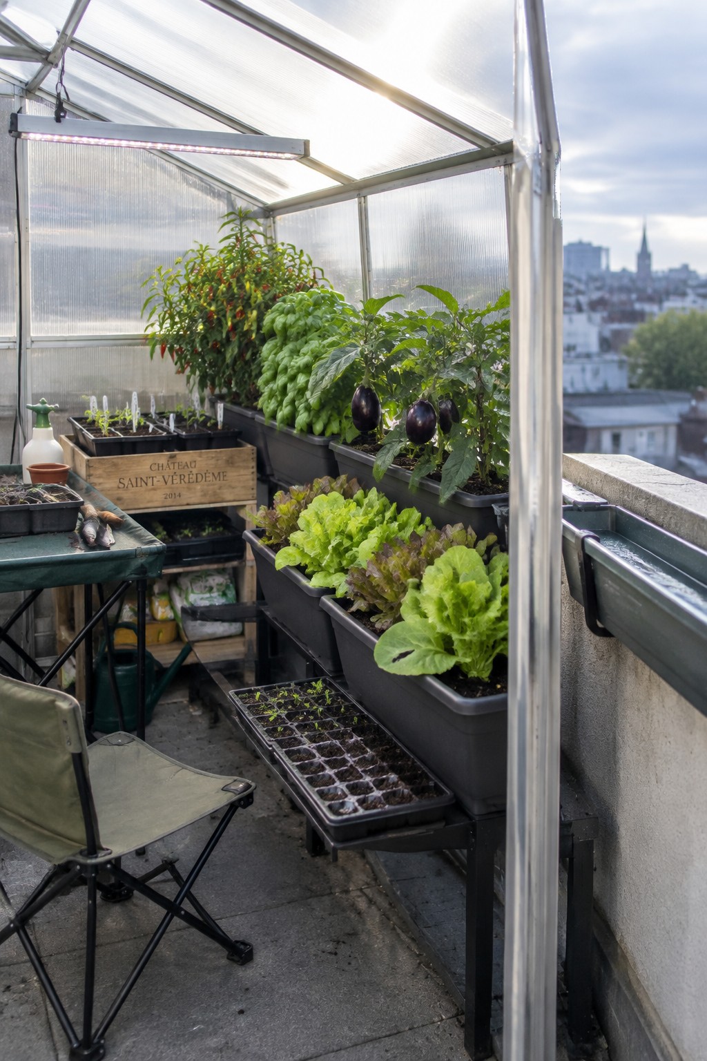 Rooftop greenhouse area with black plastic containers holding eggplant and lettuce plants, plus seedling trays on a table and floor.