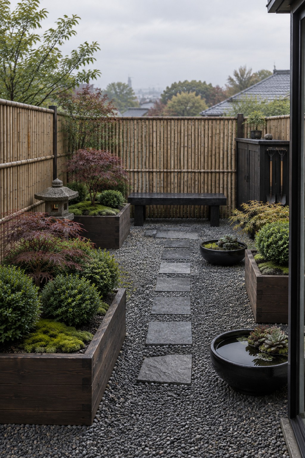 A rooftop garden with dark wooden raised planters, gravel ground, stone stepping stones, and bamboo fencing around the perimeter.