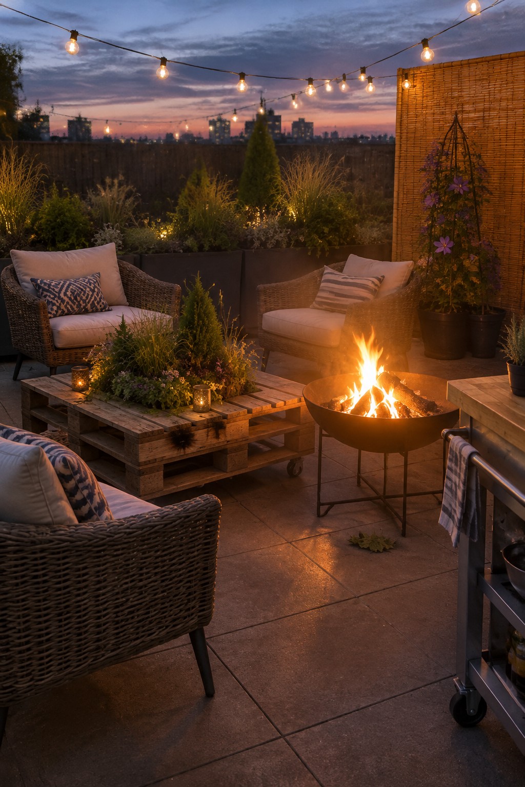 Cozy rooftop patio at dusk with fire pit, wicker chairs, pallet table, and string lights