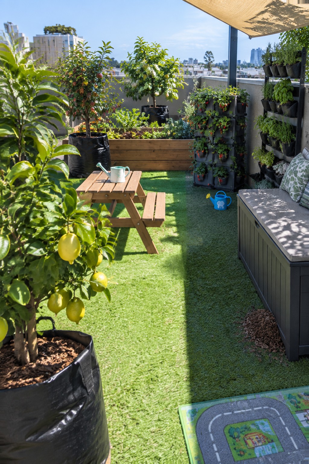 A rooftop terrace with artificial grass, various container planters including black grow bags with lemon trees, wooden raised beds, vertical wall planters, a small picnic table, and a storage bench.